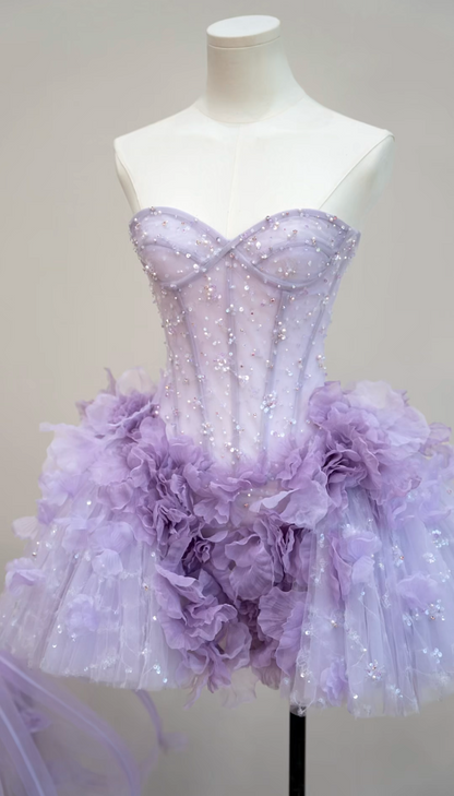 Glamorous Strapless Purple Homecoming Dress Floral Sequins A-Line Birthday Dress GG7190