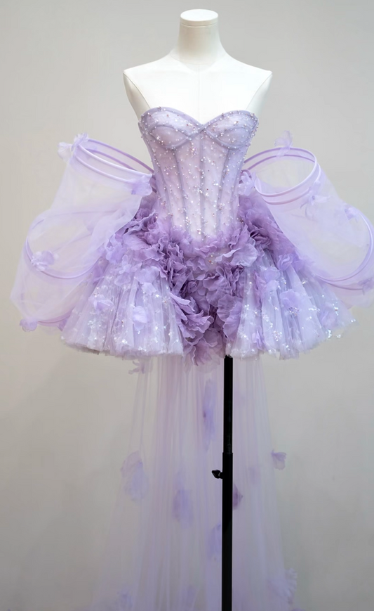 Glamorous Strapless Purple Homecoming Dress Floral Sequins A-Line Birthday Dress GG7190