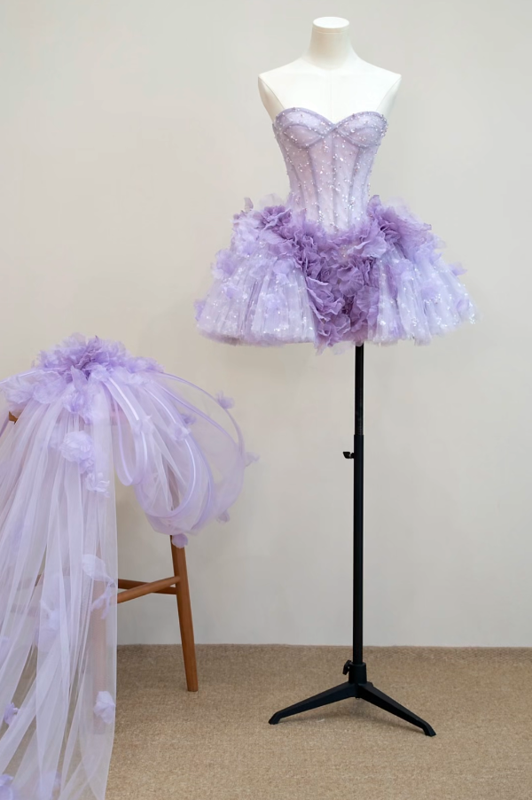 Glamorous Strapless Purple Homecoming Dress Floral Sequins A-Line Birthday Dress GG7190