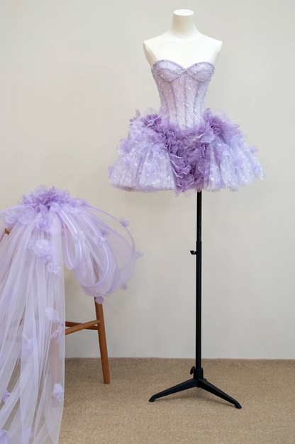 Glamorous Strapless Purple Homecoming Dress Floral Sequins A-Line Birthday Dress GG7190