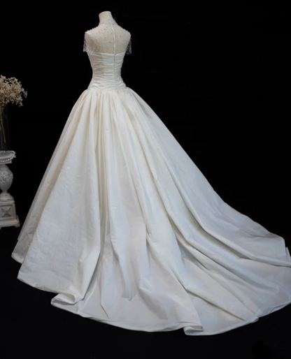 Romantic Illusion Neck Wedding Dress Satin Beads A-Line Bridal Dress GG7192
