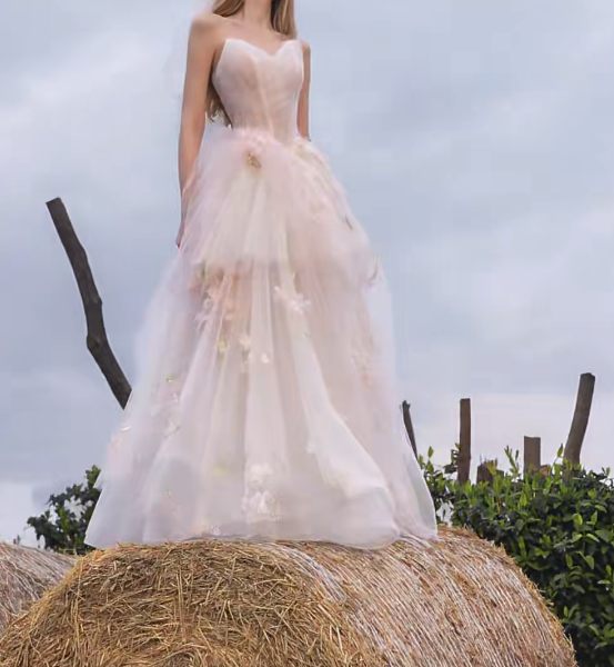Lovely Strapless Wedding Dress Appliques Tulle A-Line Bridal Dress GG7193
