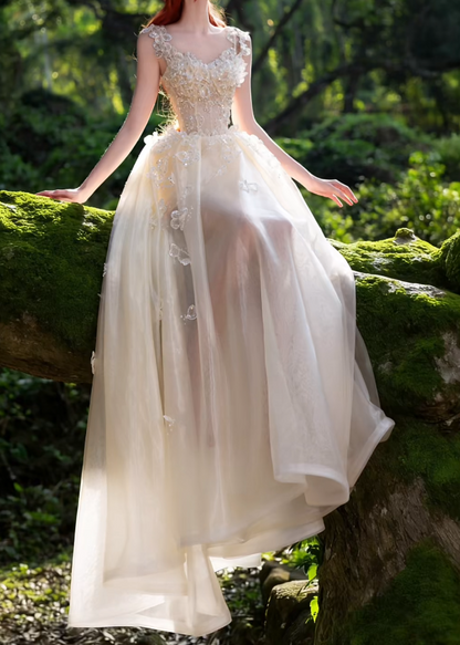 Chic Spaghetti Straps Beige Prom Dress Appliques Sequins A-Line Formal Dress GG7195
