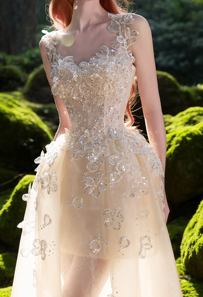 Chic Spaghetti Straps Beige Prom Dress Appliques Sequins A-Line Formal Dress GG7195