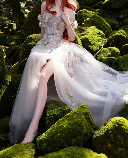 Romantic Off-Shoulder Tulle Prom Dress Appliques Sequins A-Line Formal Dress GG7196
