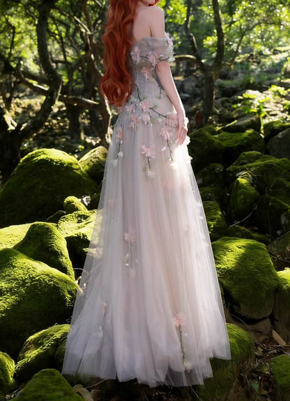 Romantic Off-Shoulder Tulle Prom Dress Appliques Sequins A-Line Formal Dress GG7196