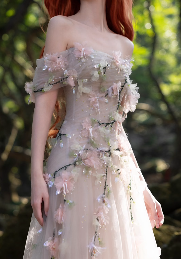 Romantic Off-Shoulder Tulle Prom Dress Appliques Sequins A-Line Formal Dress GG7196
