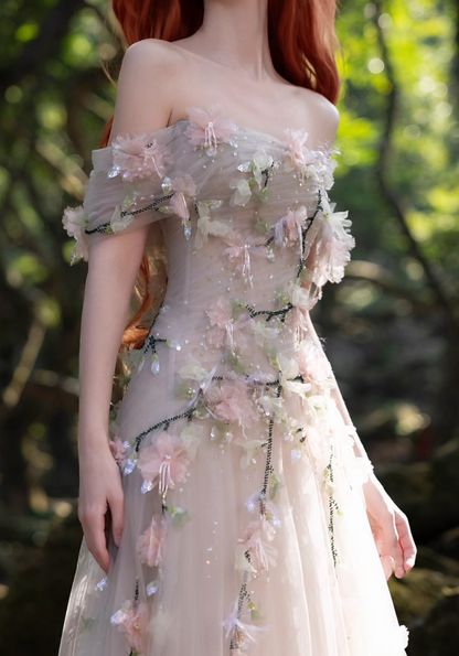 Romantic Off-Shoulder Tulle Prom Dress Appliques Sequins A-Line Formal Dress GG7196