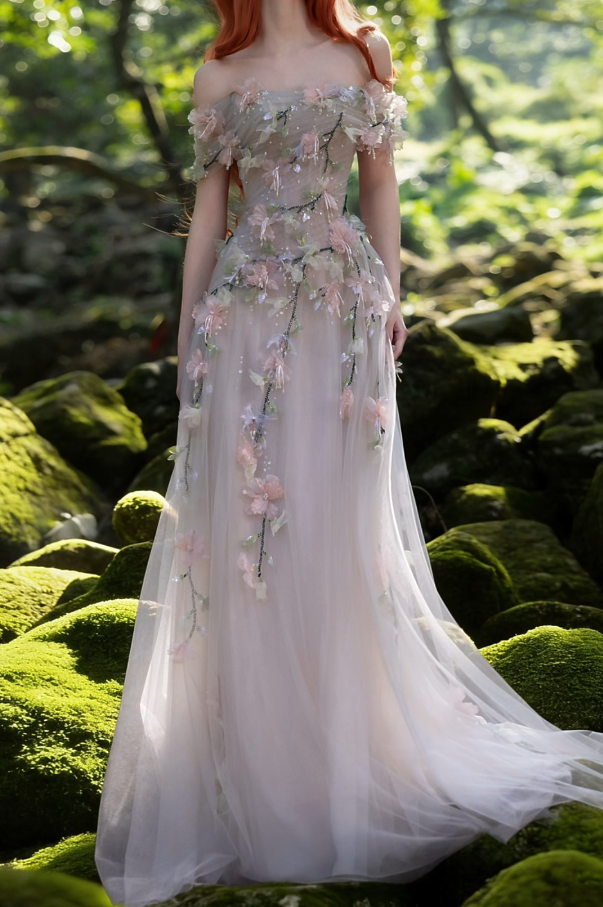 Romantic Off-Shoulder Tulle Prom Dress Appliques Sequins A-Line Formal Dress GG7196