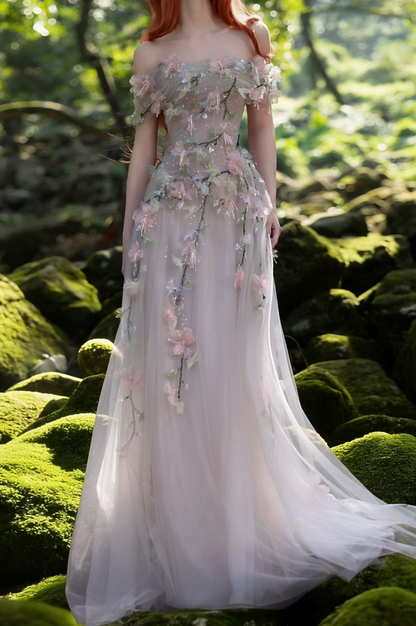 Romantic Off-Shoulder Tulle Prom Dress Appliques Sequins A-Line Formal Dress GG7196