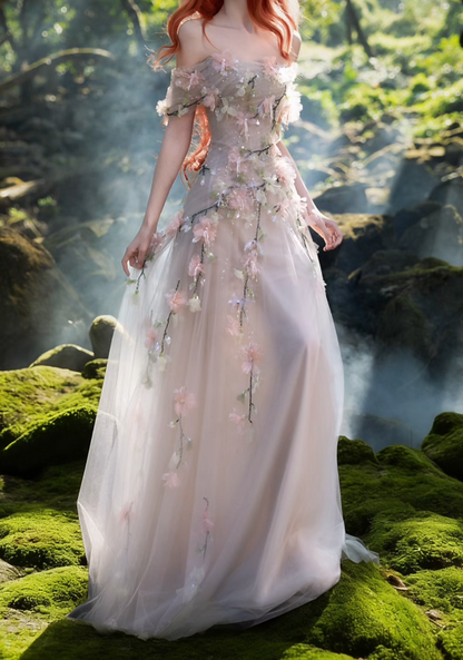 Romantic Off-Shoulder Tulle Prom Dress Appliques Sequins A-Line Formal Dress GG7196