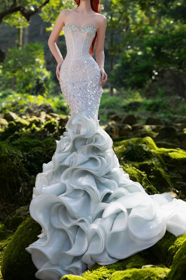 Fascinating Sweetheart Green Prom Dress Ruffles Sequins Mermaid Formal Dress GG7197