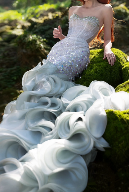 Fascinating Sweetheart Green Prom Dress Ruffles Sequins Mermaid Formal Dress GG7197