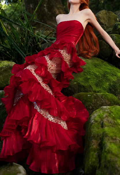 Unique Strapless Red Prom Dress Ruffles Sequins Mermaid Formal Dress GG7198