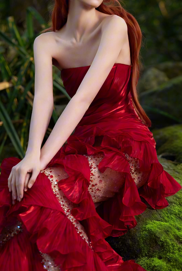 Unique Strapless Red Prom Dress Ruffles Sequins Mermaid Formal Dress GG7198