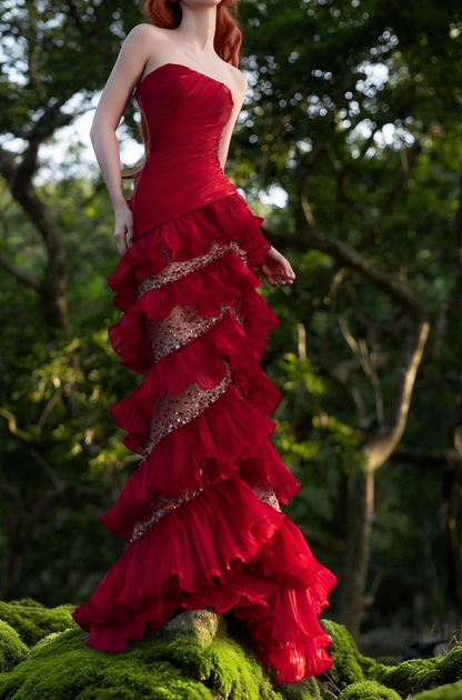 Unique Strapless Red Prom Dress Ruffles Sequins Mermaid Formal Dress GG7198