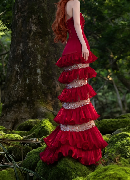 Unique Strapless Red Prom Dress Ruffles Sequins Mermaid Formal Dress GG7198