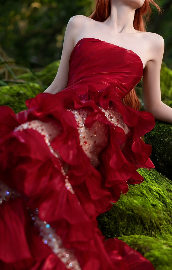 Unique Strapless Red Prom Dress Ruffles Sequins Mermaid Formal Dress GG7198
