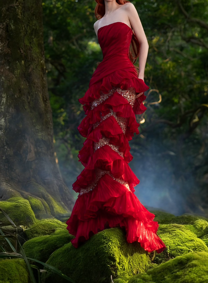 Unique Strapless Red Prom Dress Ruffles Sequins Mermaid Formal Dress GG7198