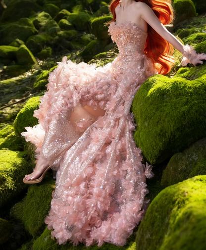Sweet Strapless Pink Prom Dress Appliques Sequins Mermaid Formal Dress GG7200
