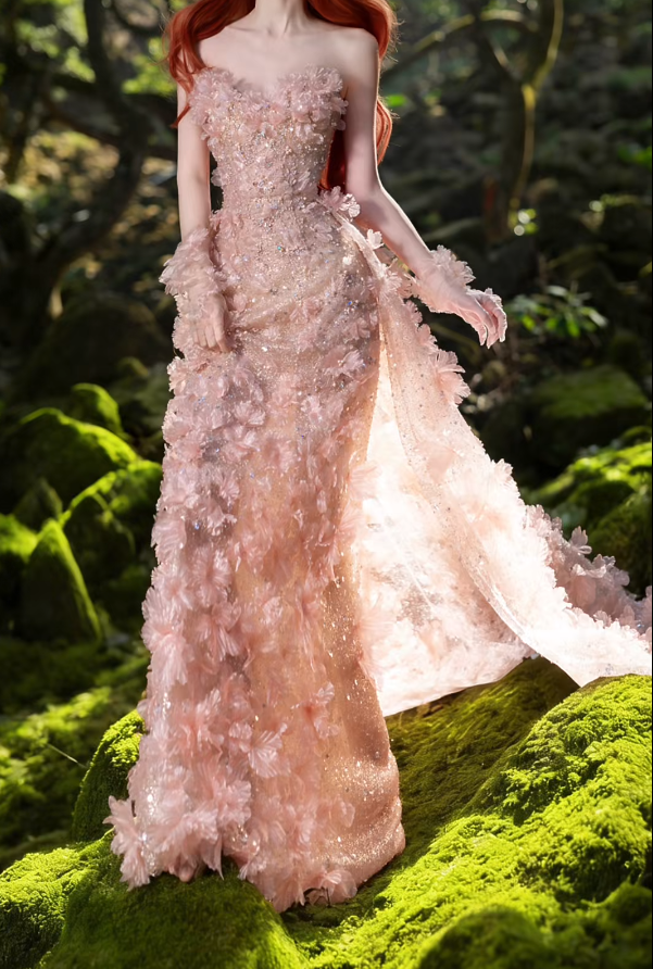 Sweet Strapless Pink Prom Dress Appliques Sequins Mermaid Formal Dress GG7200