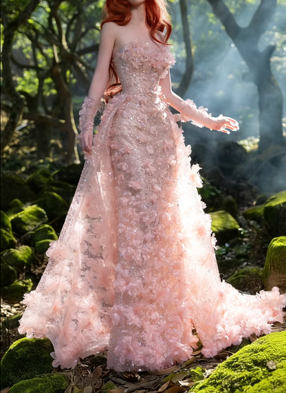 Sweet Strapless Pink Prom Dress Appliques Sequins Mermaid Formal Dress GG7200