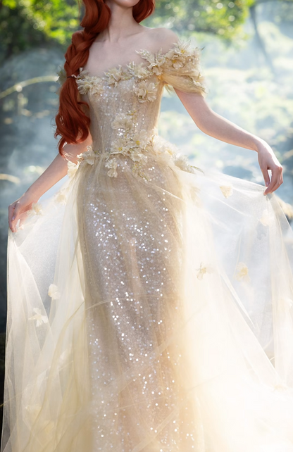 Unique Off-Shoulder Sequins Prom Dress Beige Appliques A-Line Formal Dress GG7202