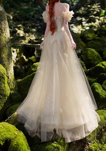 Unique Off-Shoulder Sequins Prom Dress Beige Appliques A-Line Formal Dress GG7202