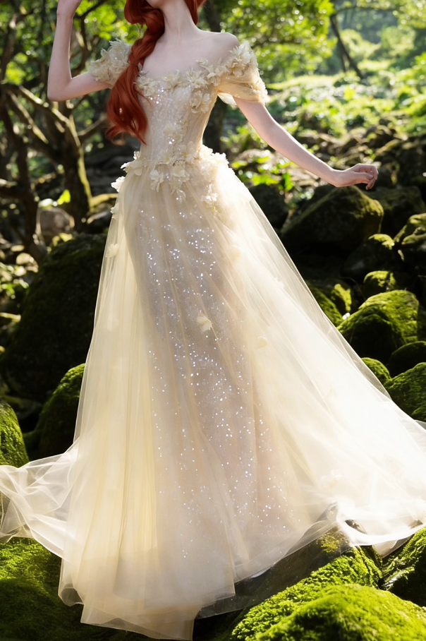 Unique Off-Shoulder Sequins Prom Dress Beige Appliques A-Line Formal Dress GG7202