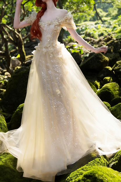 Unique Off-Shoulder Sequins Prom Dress Beige Appliques A-Line Formal Dress GG7202