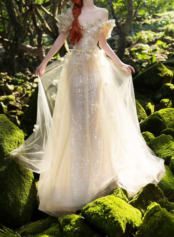 Unique Off-Shoulder Sequins Prom Dress Beige Appliques A-Line Formal Dress GG7202