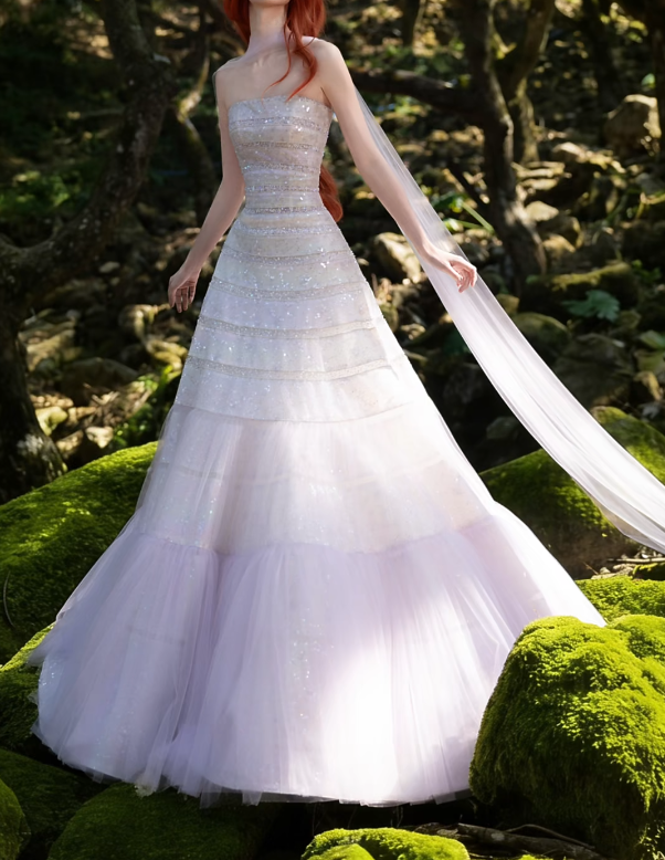 Alluring Strapless Purple Prom Dress Sequins Tulle A-Line Formal Dress GG7203