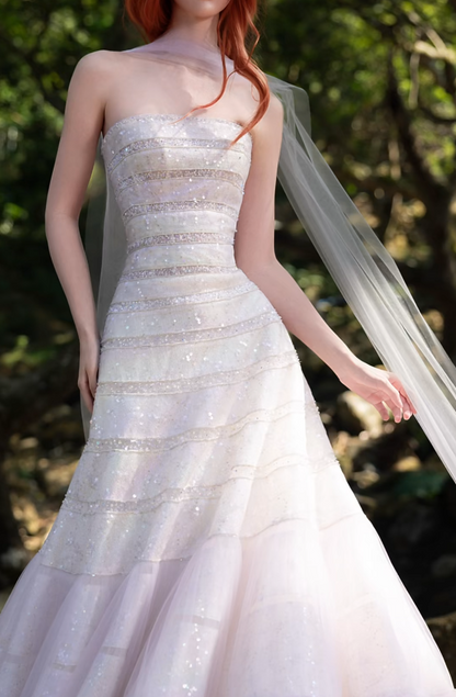 Alluring Strapless Purple Prom Dress Sequins Tulle A-Line Formal Dress GG7203
