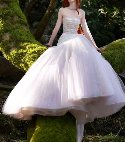 Alluring Strapless Purple Prom Dress Sequins Tulle A-Line Formal Dress GG7203