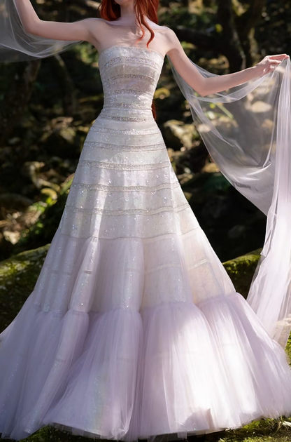 Alluring Strapless Purple Prom Dress Sequins Tulle A-Line Formal Dress GG7203
