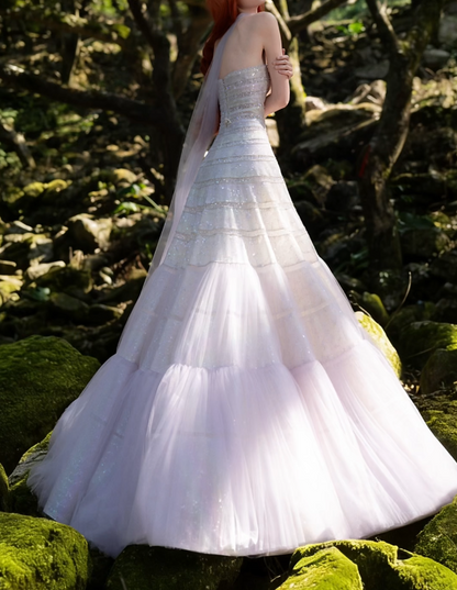 Alluring Strapless Purple Prom Dress Sequins Tulle A-Line Formal Dress GG7203