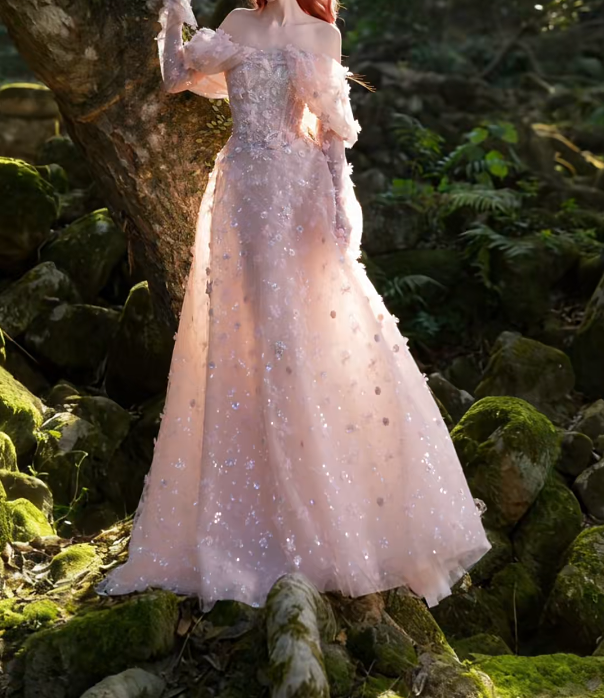 Romantic Off-Shoulder Prom Dress Pink Long Sleeve Sequins A-Line Formal Dress GG7204