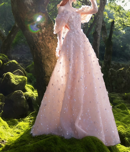 Romantic Off-Shoulder Prom Dress Pink Long Sleeve Sequins A-Line Formal Dress GG7204