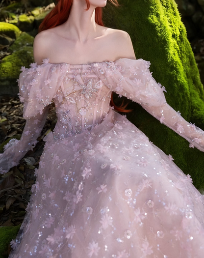 Romantic Off-Shoulder Prom Dress Pink Long Sleeve Sequins A-Line Formal Dress GG7204