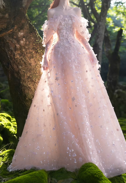 Romantic Off-Shoulder Prom Dress Pink Long Sleeve Sequins A-Line Formal Dress GG7204