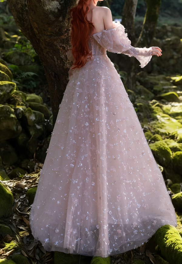 Romantic Off-Shoulder Prom Dress Pink Long Sleeve Sequins A-Line Formal Dress GG7204