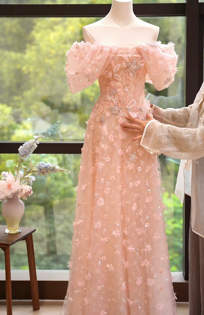 Romantic Off-Shoulder Prom Dress Pink Long Sleeve Sequins A-Line Formal Dress GG7204