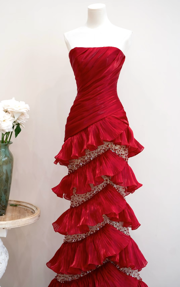 Classical Strapless Red Prom Dress Ruffles Sequins Mermaid Formal Dress GG7205
