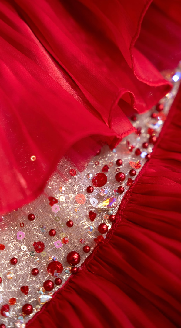 Classical Strapless Red Prom Dress Ruffles Sequins Mermaid Formal Dress GG7205