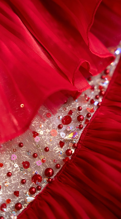 Classical Strapless Red Prom Dress Ruffles Sequins Mermaid Formal Dress GG7205