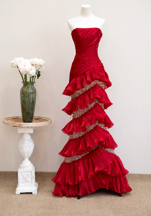 Classical Strapless Red Prom Dress Ruffles Sequins Mermaid Formal Dress GG7205