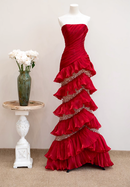 Classical Strapless Red Prom Dress Ruffles Sequins Mermaid Formal Dress GG7205