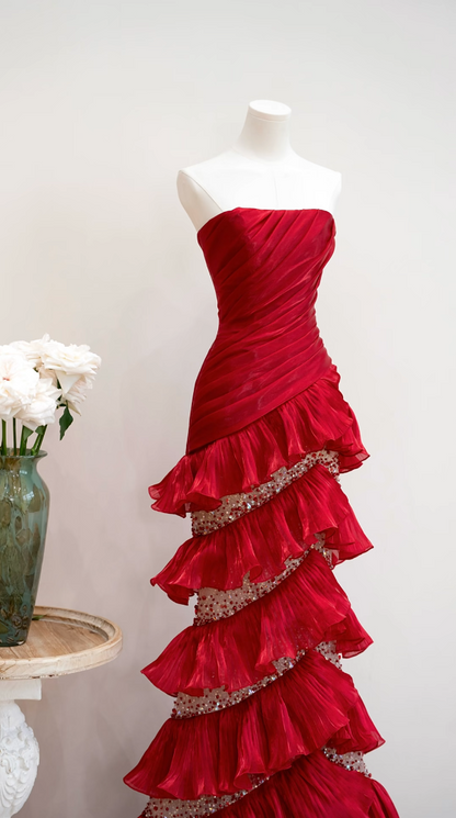Classical Strapless Red Prom Dress Ruffles Sequins Mermaid Formal Dress GG7205