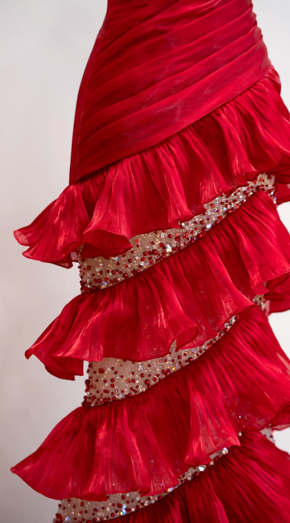 Classical Strapless Red Prom Dress Ruffles Sequins Mermaid Formal Dress GG7205