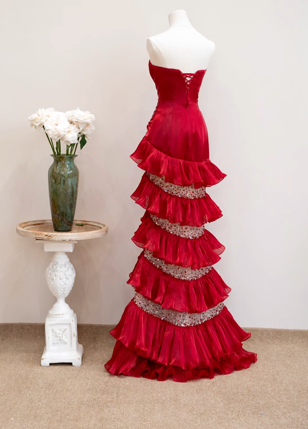 Classical Strapless Red Prom Dress Ruffles Sequins Mermaid Formal Dress GG7205
